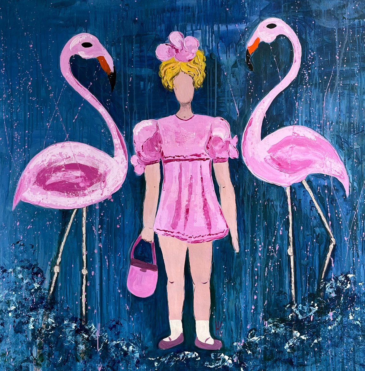  Girl Flamingo Painting By Halyna Kirichenko, 35 X 35, Artwork For Sale On Artfinder