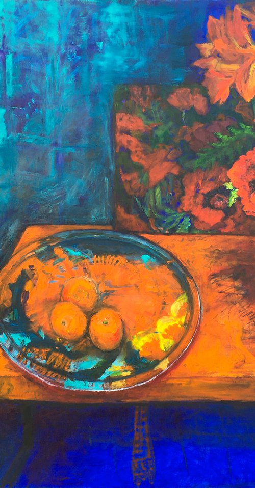 Three oranges with mirror reflections xx large by Patricia Clements
