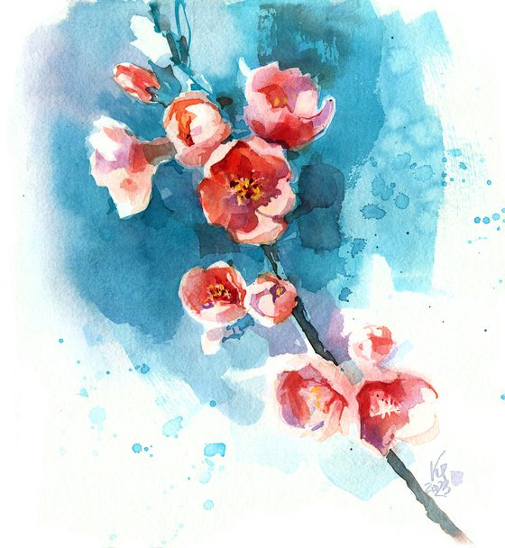 Original watercolor painting "Spring. Blooming quince twig"