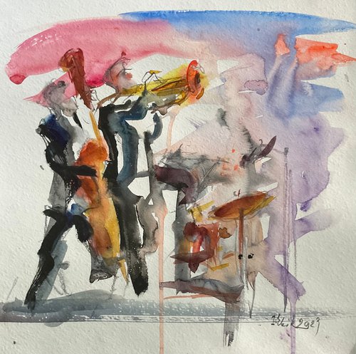 "Jazz Band playing Louis Armstrong" (WATERCOLOR SKETCH, 'JAZZ BY THE SEA' SERIES) by Irina Bibik-Chkolian