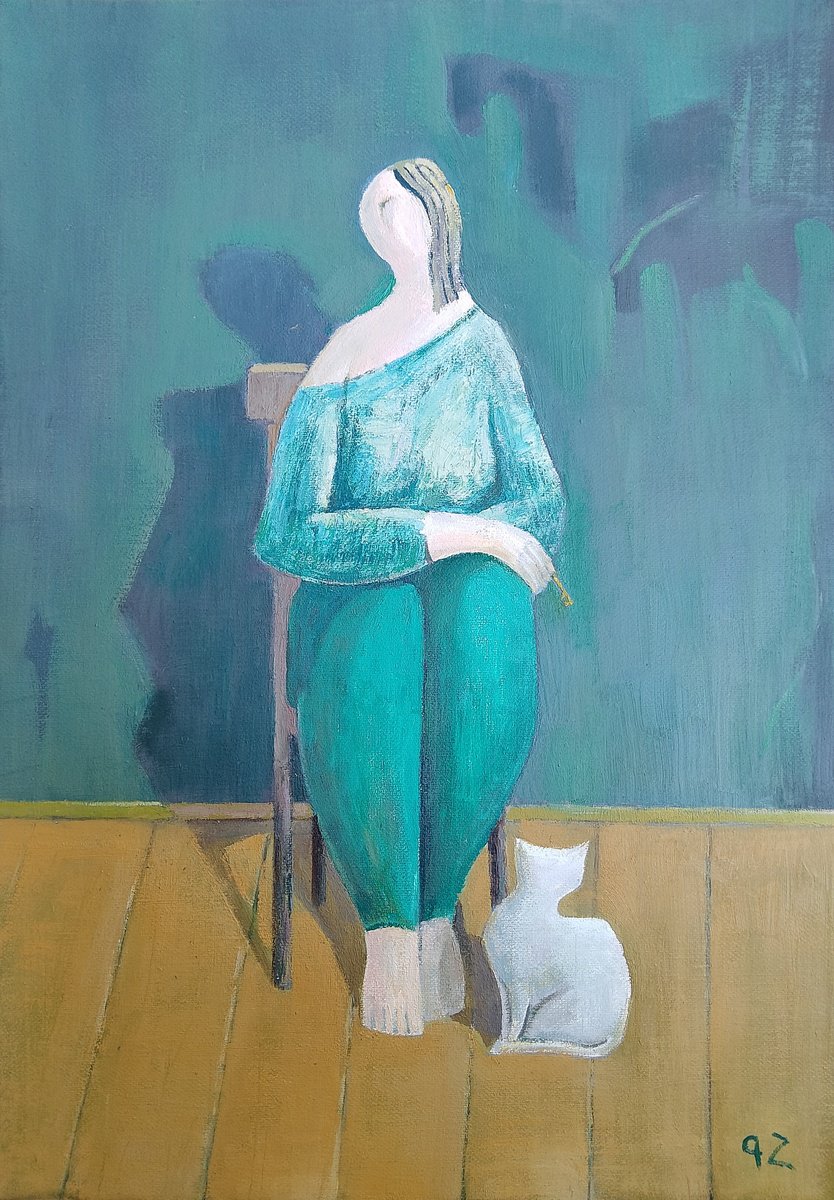 Naive Portrait Oil Painting By Gegham Hunanyan, 14 X 20, In The Room, Original Artwork