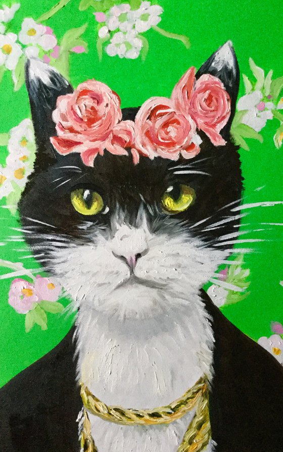 Cat in Dress Tempered Glass Print Wall Art, Beautiful Cat Artwork, Cat Photography Wall buying Decoration, Gift for Cat Lover, Like Frida Kahlo