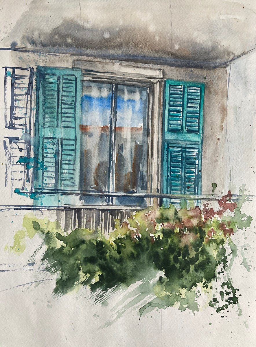 Impressionistic Cityscapes Watercolour By Valeria Golovenkina, 12 X 16", Venetian Window 4, Original Artwork