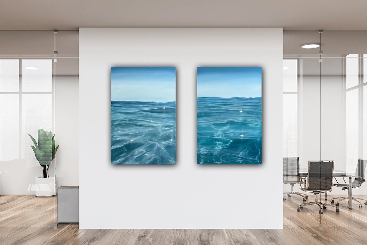 Photorealistic Landscape Oil Painting By Eva Volf, 48 X 36, Ocean And Sun Diptych, Original Artwork