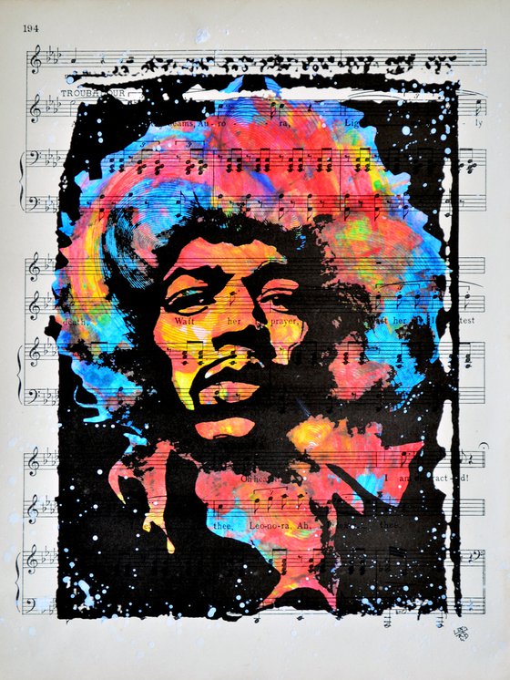 Jimi Hendrix - Collage Art on Real Vintage Sheet Music Page