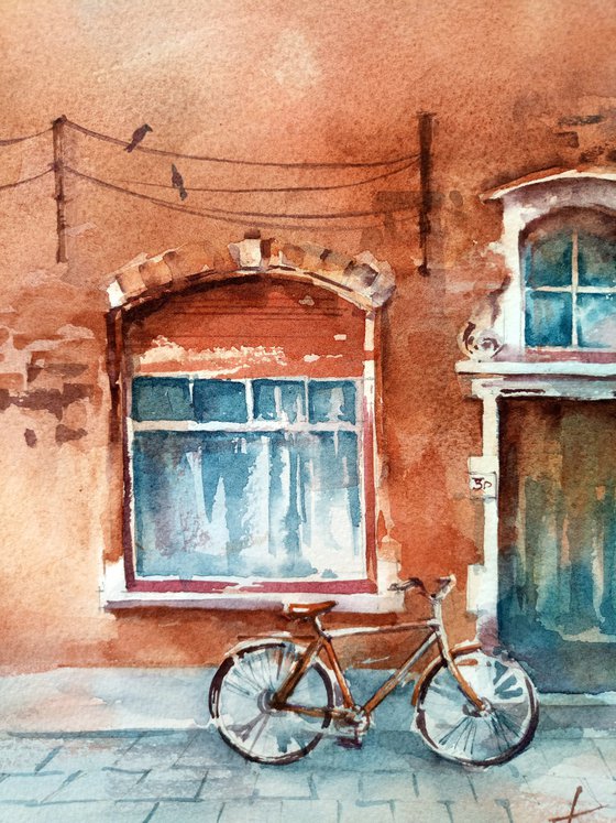 Original watercolor painting "Fabulous windows and doors of the city of Bruges"