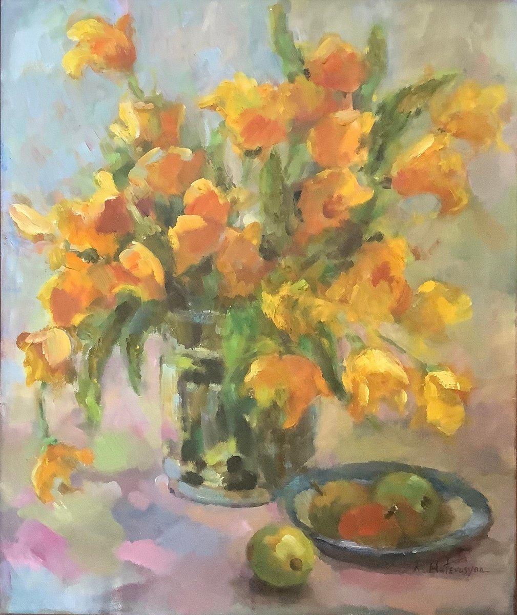 Impressionistic Still Life Oil Painting By Lia Matevosyan Haselton, 20 X 24", Dancing Tulips, Original Artwork