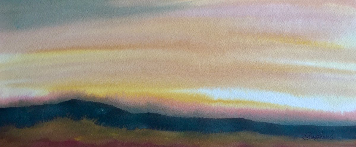 Purbeck hills sunset to dusk, South Dorset by Samantha Adams professional watercolorist