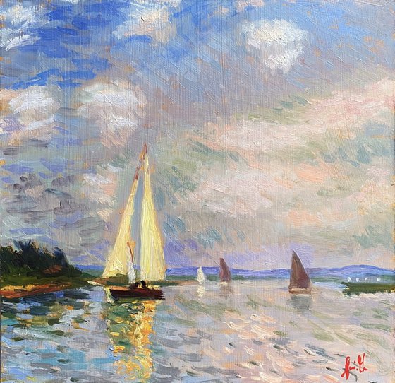 Summer Boats on the River. Original Impressionist Oil Painting.