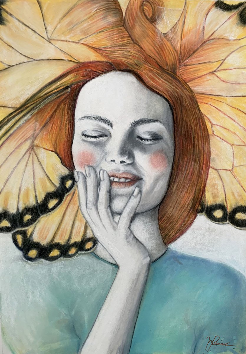 Expressive Portrait Pastel Drawing By Maria Romano, 12 X 16", Smile, Original Artwork