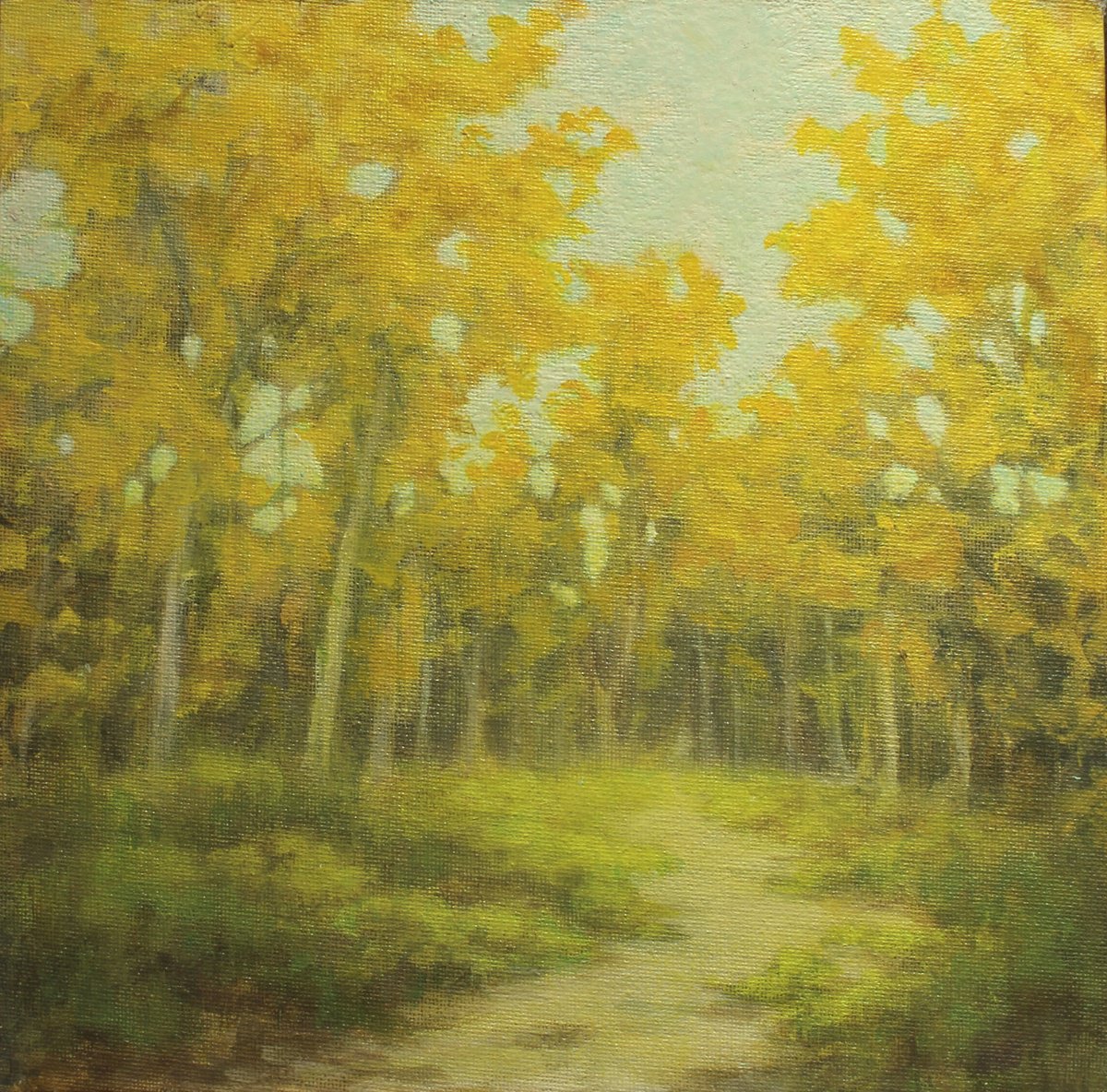 Impressionistic Landscape Acrylic Painting By John Fleck, 9 X 9, Golden Lane, Original Artwork