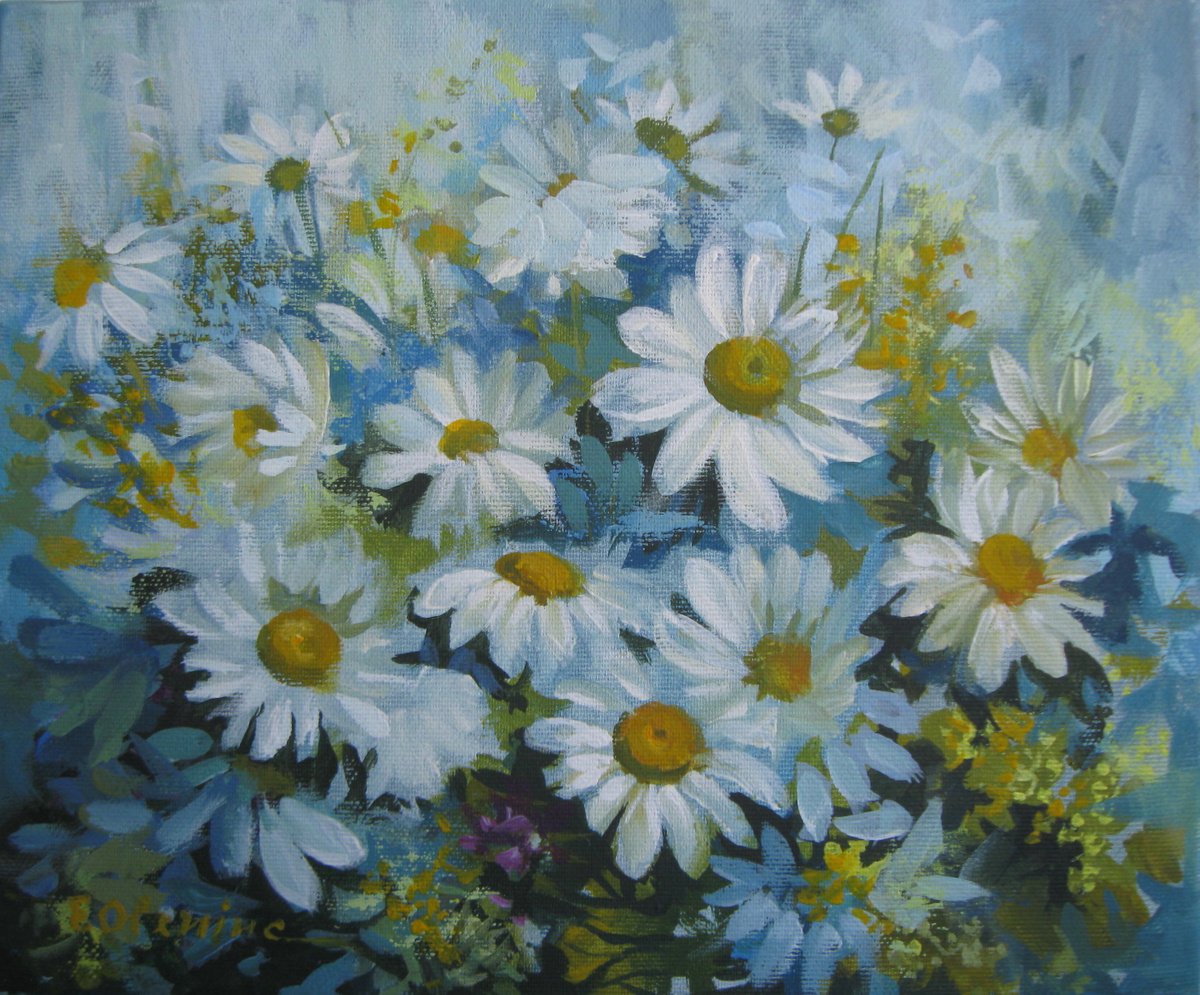 Impressionistic Botanical Acrylic Painting By Elena Oleniuc, 12 X 10, Daisies, Original Artwork
