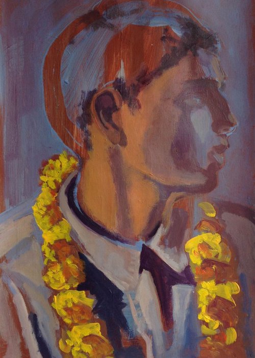 Young boy from India with flower necklace by Anyck Alvarez Kerloch