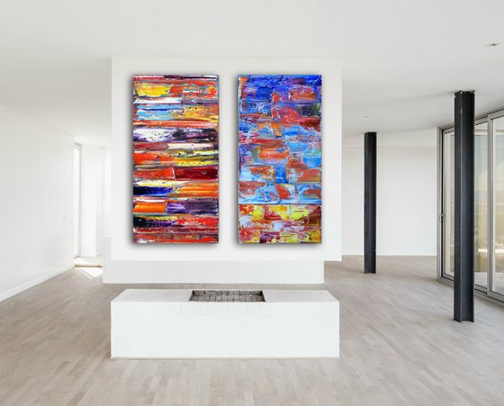 "Fire And Ice" - Save As Series - Original Extra Large PMS Abstract Diptych Oil Paintings On Canvas - 48" x 48"