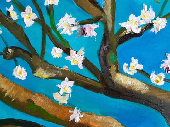 Almond blossom on turquoise inspired by Vincent Van Gogh oil painting ready to hang