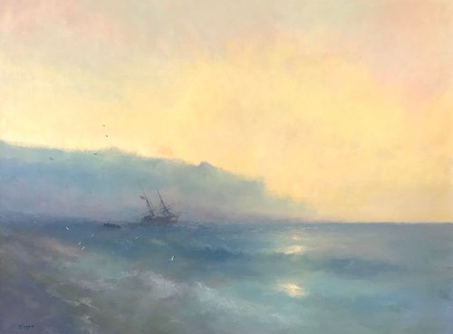 Sunset on Ocean, Seascape Original oil Painting, Handmade artwork, Museum Quality, Signed, One of a Kind by Karen Darbinyan