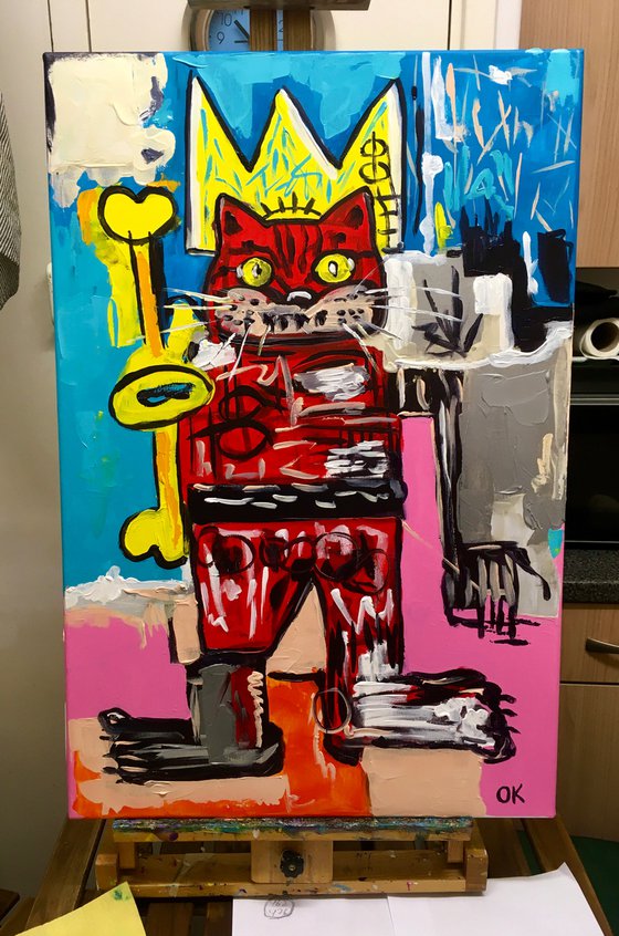 King Cat Troy  in a CROWN ( 81 x 51cm, 32 x 20 inches,) version of famous painting by Jean-Michel Basquiat