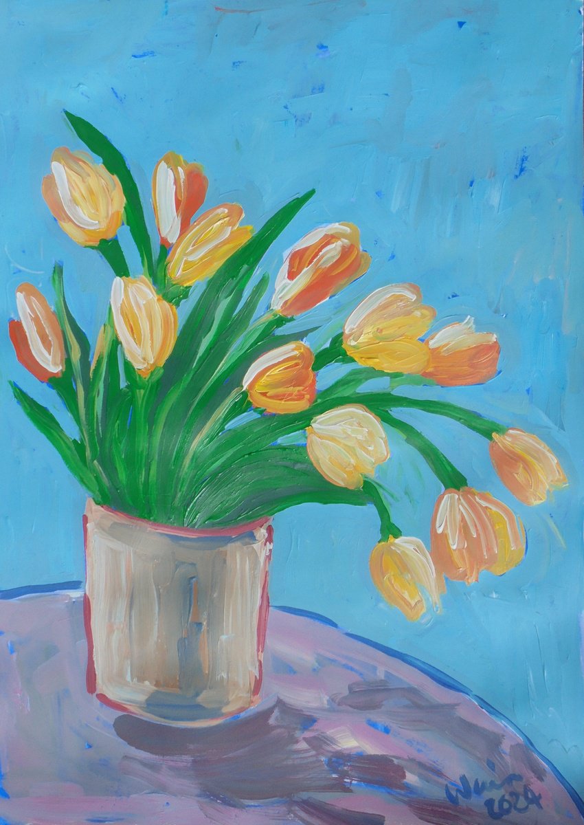 Expressive Botanical Acrylic Painting By Kirsty Wain, 17 X 23", Yellow Tulips, Original Artwork