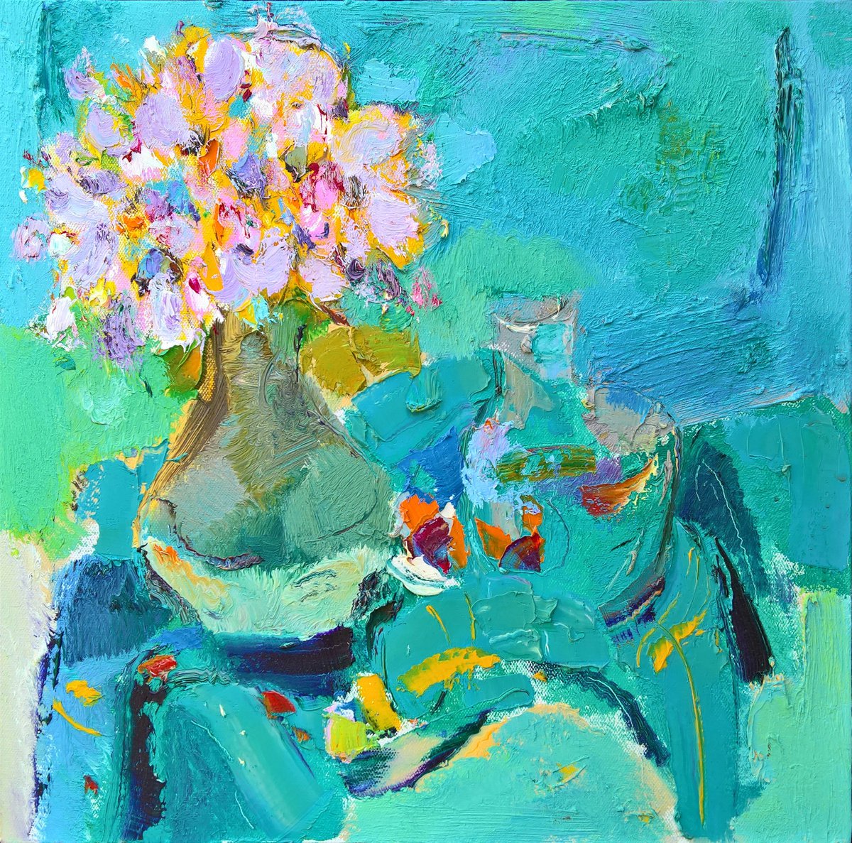 Impressionistic Botanical Oil Painting By Kunlong Wang, 20 X 20", Still Life Oil Painting:flowers In The Vase, Original Artwork