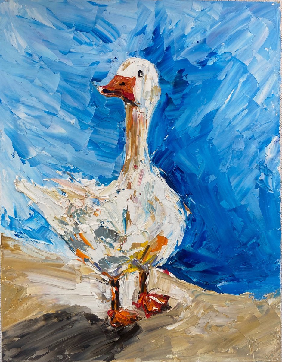 Impressionistic Animal Oil Painting By Oksana Fedorova, 9 X 12", Domestic Goose, Original Artwork