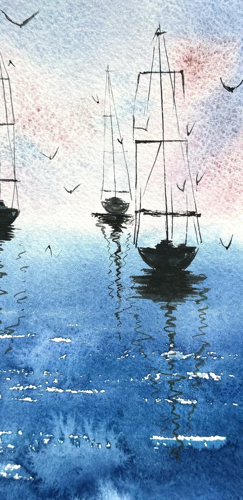 Seascape 3 yachts and seagulls by Yuliia Sharapova