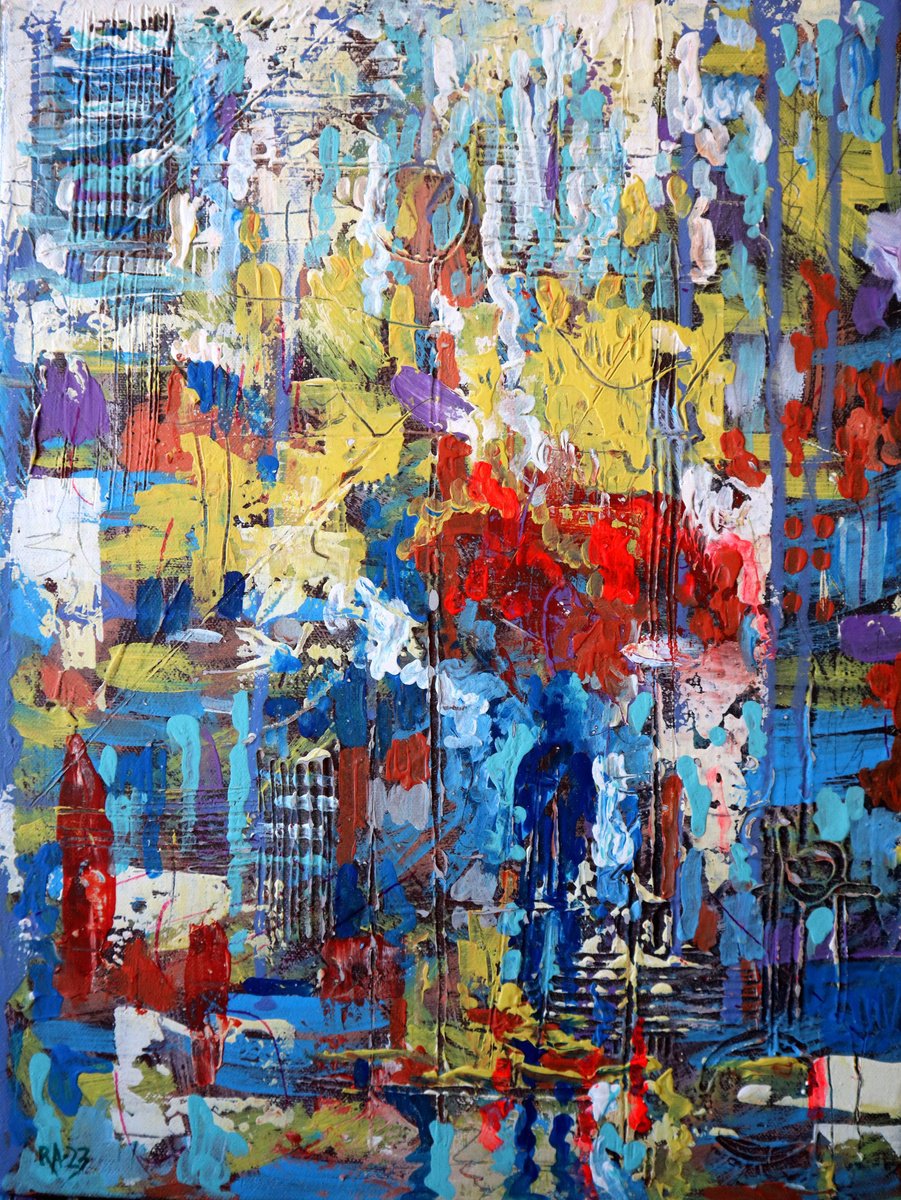 Abstract Cityscapes Acrylic Painting By Rakhmet Redzhepov, 12 X 16", City 15, Original Artwork