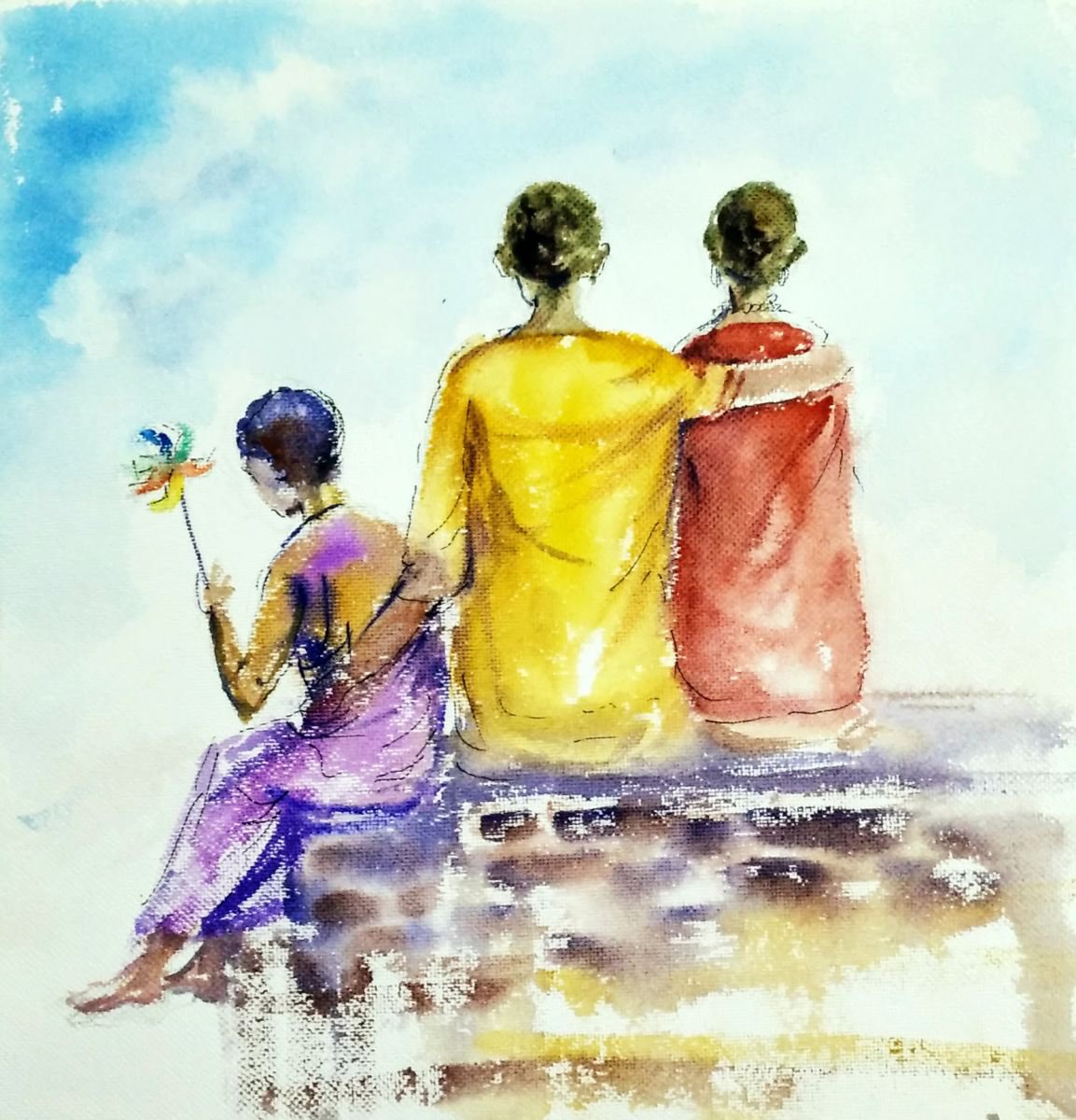Family bonding- Figurative Watercolors on paper 9.75 x 10.25 by Asha Shenoy