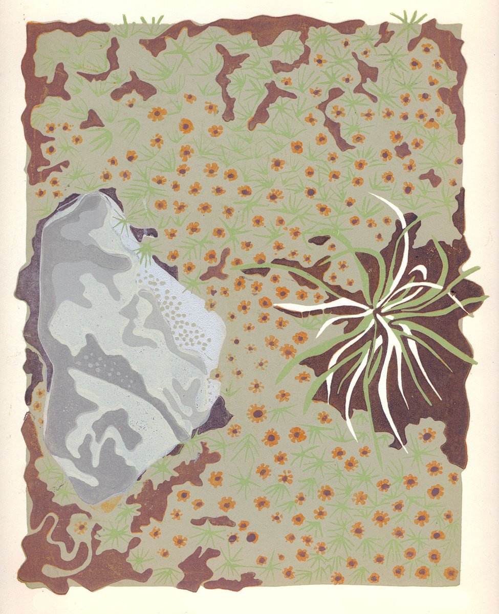 Abstract Botanical Linocut By Kate Goetz, 11 X 13", Watch Where You Tread, Original Artwork