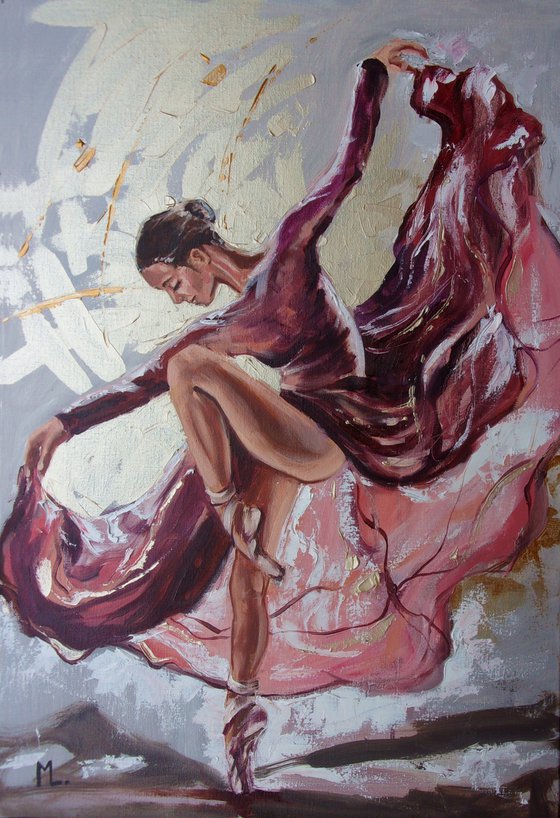 " PURPLE DANCE ... "- ballerina liGHt ballet ORIGINAL OIL PAINTING, GIFT, PALETTE KNIFE