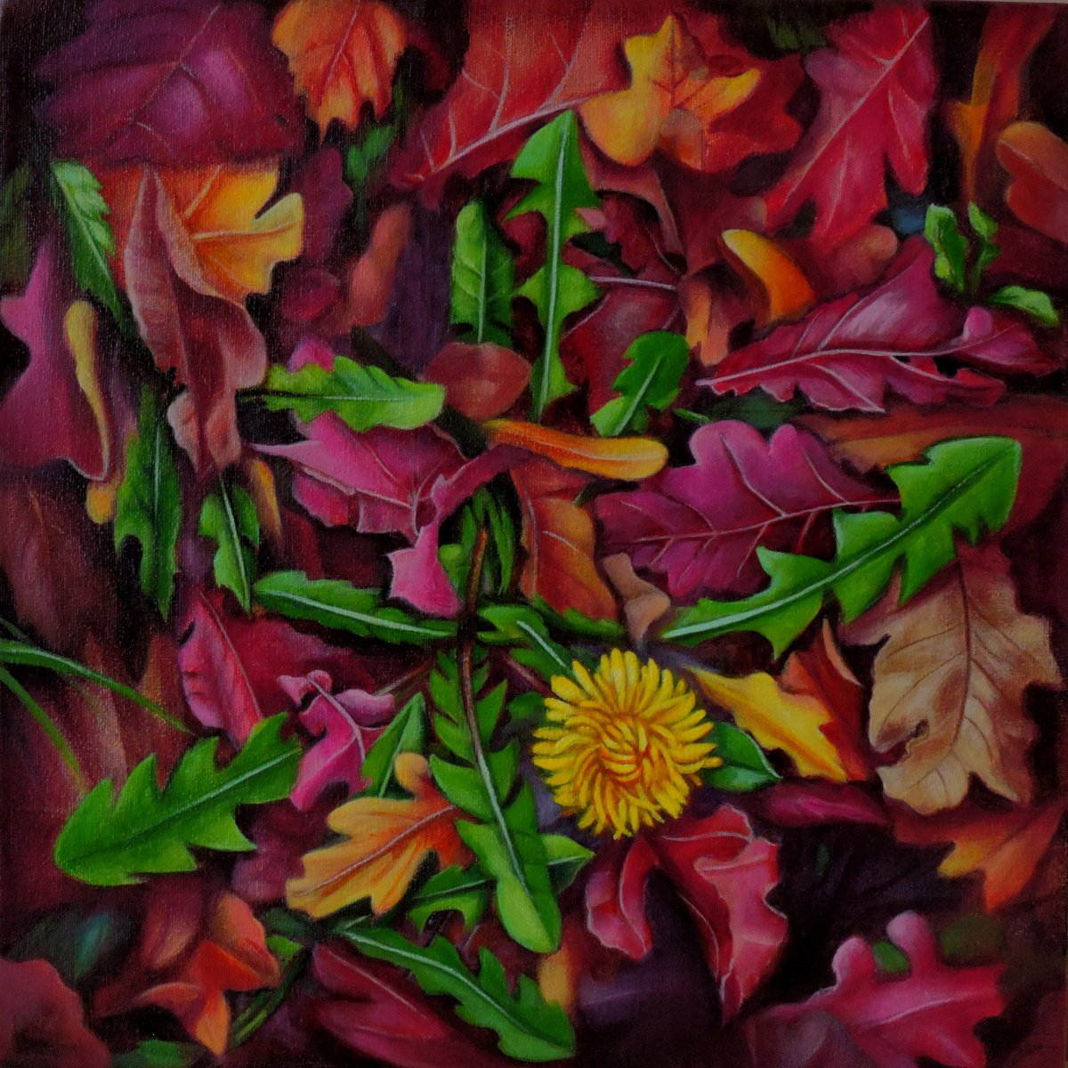Photorealistic Botanical Acrylic Painting By Laura Cabral, 12 X 12", My Autumn Day, Original Artwork