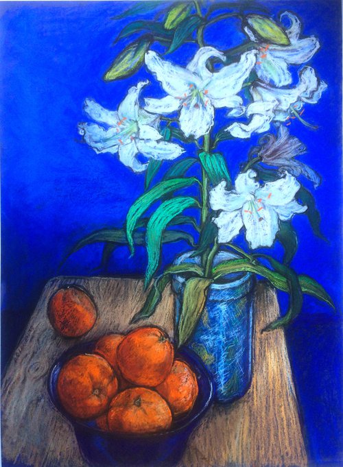 Lilly and oranges on a cobalt blue background by Patricia Clements