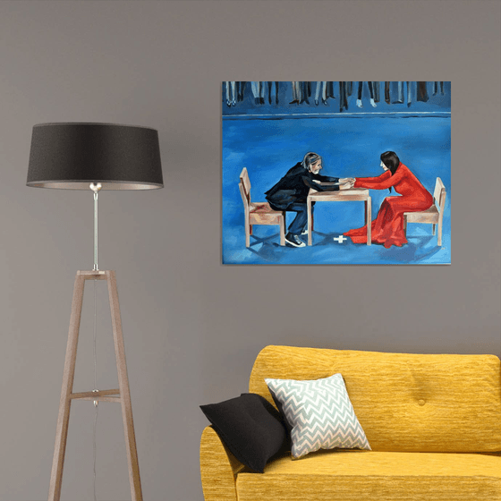 TRUE STORY. MARINA ABRAMOVICH AND ULAY - oil painting, perfomance, red, red dress, blue, couple, love, original art,