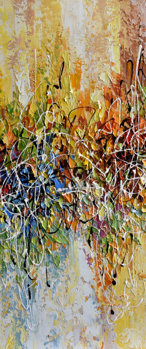 Fall Music - Abstract Painting on Canvas, Yellow, Orange, Blue Textured Artwork by Olga Tkachyk