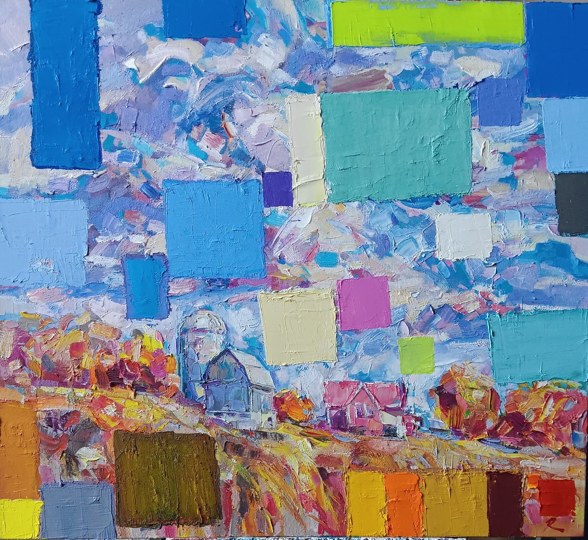 Impressionistic Landscape Oil Painting By Ruslan Khais, 40 X 36", Tall Sky, Original Artwork