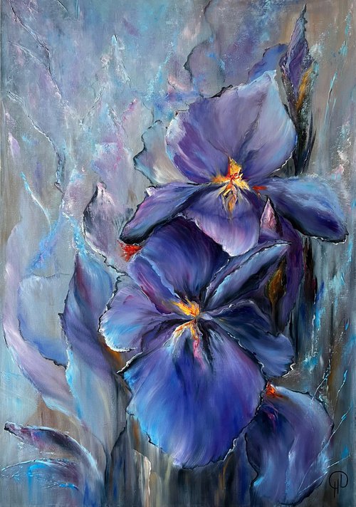 The mystery of irises - oil painting, original gift, home decor, Flowering, Spring, Leaves, poster, Bedroom, Living Room, Meditation, Lilac, Blue Flower, Lilac, Rainbow, Bright Flowers by Natalie Demina