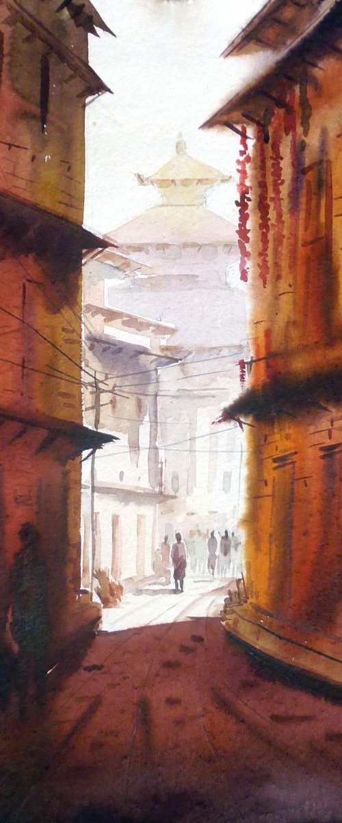 Bhakatapur(Nepal) Narrow Lane-Watercolor on Paper by Samiran Sarkar