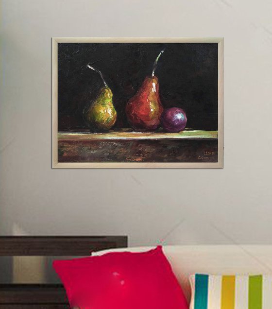 Still life with pears and plum