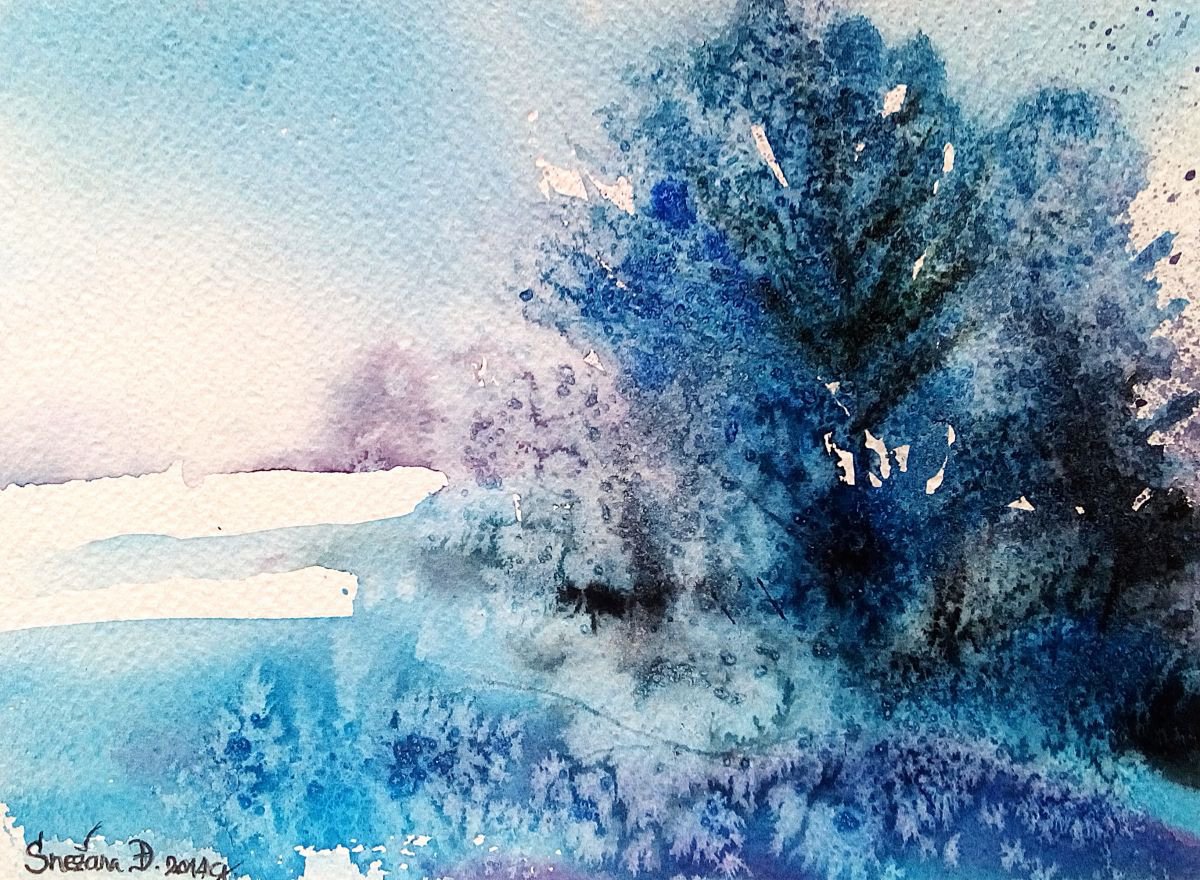 Impressionistic Landscape Watercolour By Snezana Djordjevic, 9 X 7", Winter Kisses, Original Artwork