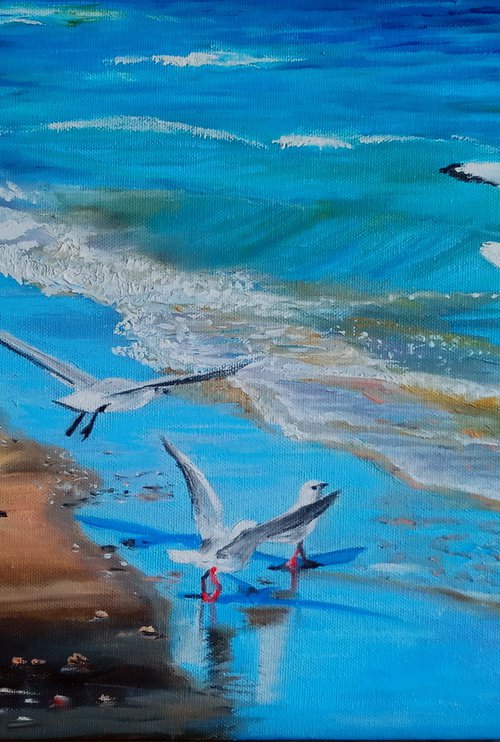 Seagulls at Beach. The Skyand the Sea. Seacost by Ira Whittaker