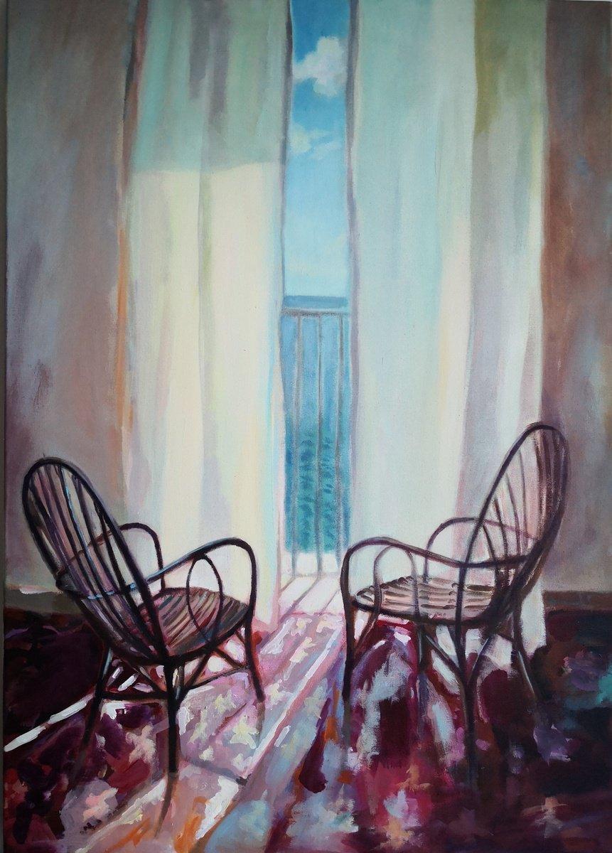 Expressive Landscape Acrylic Painting By Anyck Alvarez Kerloch, 26 X 36, Two Chairs And A Window, Original Artwork