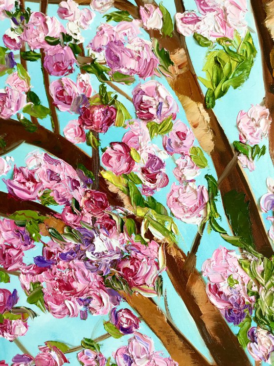 Apple blossom , spring in London pink, white, turquoise 61x71cm ready to hang oil painting