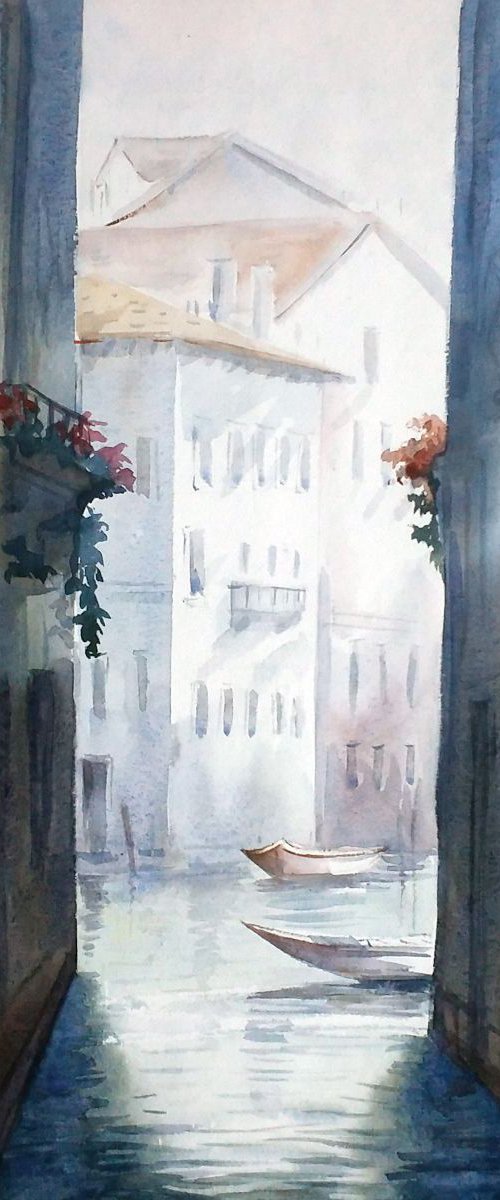 Venice Canals at Early Morning - Watercolor Painting by Samiran Sarkar