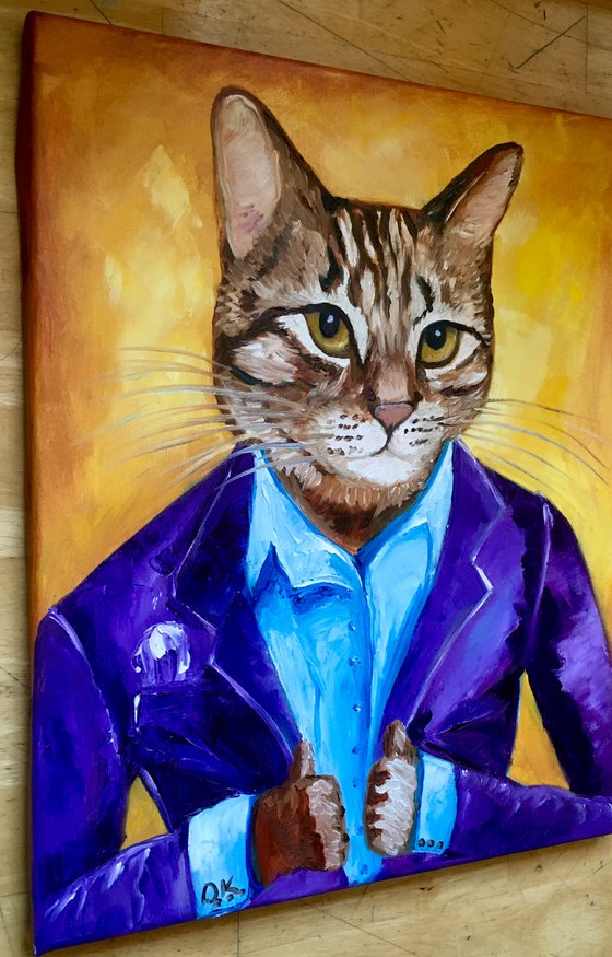 Troy The  Cat, dressed smart,   oil painting for cat lovers