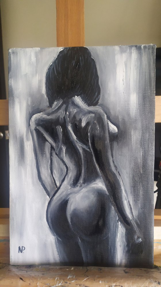 With him, original nude erotic black and white oil painting, Gift, art for bedroom