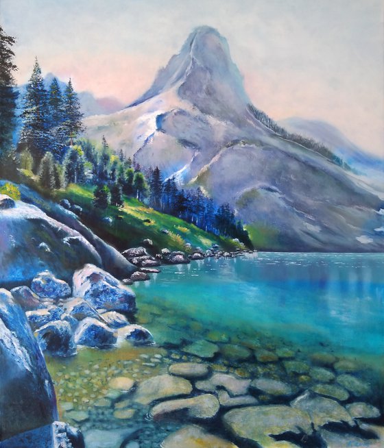 Blue lake - oil painting with mountains and lake