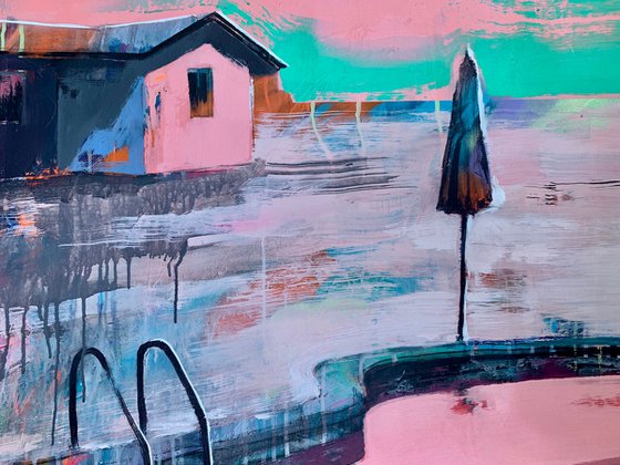XXXL Large Painting - "Pink pool" - House - Urban - Pink - Expressionism - Landscape - Miami - Pop Art