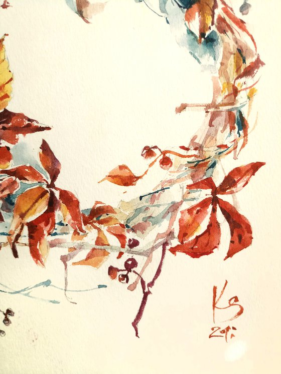 Watercolor sketch "Wreath of autumn yellow leaves" - series "Artist's Diary"