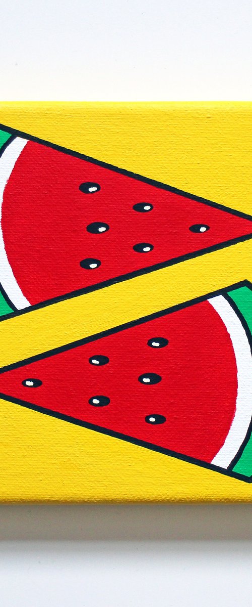 Watermelon Slices Pop Art Painting On Miniature Canvas by Ian Viggars