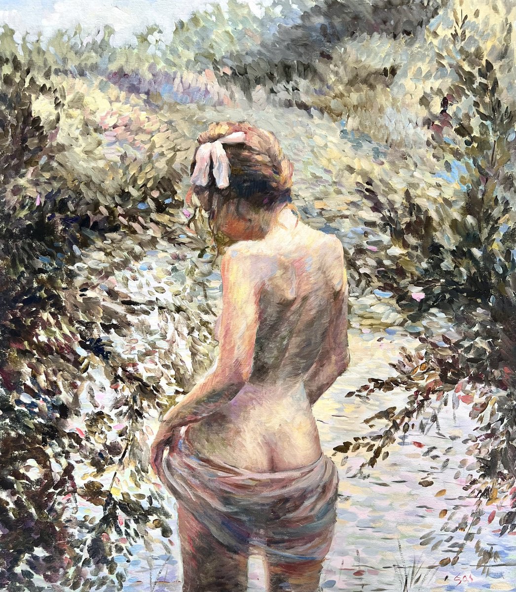 Impressionistic Portrait Oil Painting By Liubou Sas, 28 X 31", On The River, Original Artwork