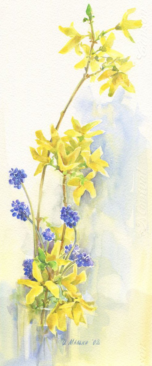 Yellow branches and blue flowers / Spring bouquet Floral watercolor by Olha Malko